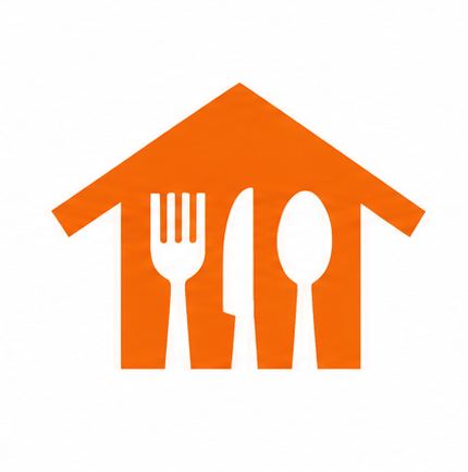 Orange house silhouette with fork, knife, and spoon inside