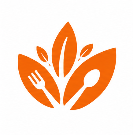 Orange logo with leaves, fork, and spoon