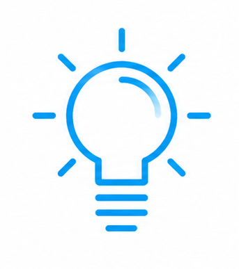 Blue line art of a glowing lightbulb with radiating lines