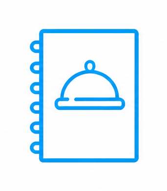 Blue line art icon of a menu with a cloche