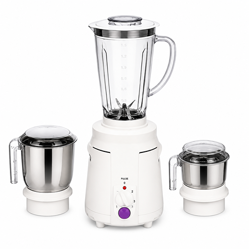 White blender with two stainless steel jars and clear lids