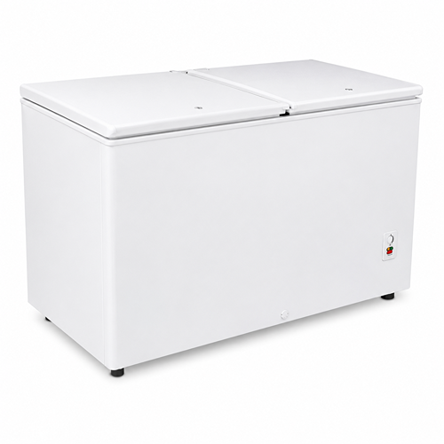 White chest freezer with two hinged lids and temperature control dial
