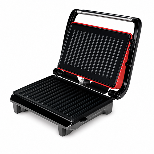 Open red and black electric grill with ribbed plates