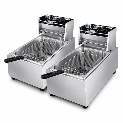 Two stainless steel deep fryers with baskets and black handles