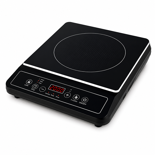 Black induction cooktop with digital display and touch controls