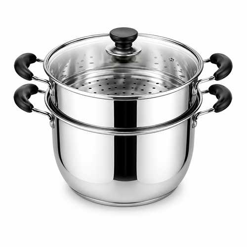 Stainless steel steamer pot with glass lid and two tiers
