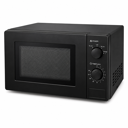Black countertop microwave with two control knobs and a timer display