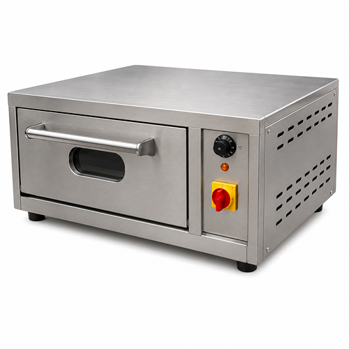 Stainless steel countertop oven with a glass window and red switch