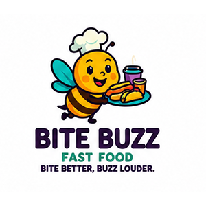 Cartoon bee chef holding tray with vegetarian hot dogs and drinks