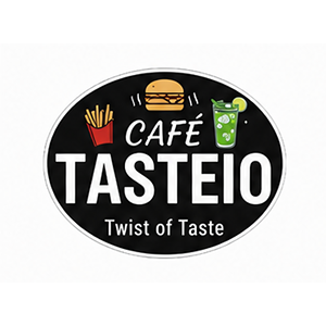 ZORKO Cafe Tasteio logo with burger, fries, and green drink