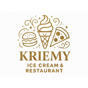 Burger, ice cream cone, and pizza slice logo for Kriemy Ice Cream & Restaurant