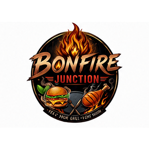 Bonfire Junction logo with burger, drumstick, and flames