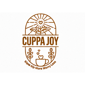 Cupper Joy logo with coffee cup, leaves, hearts, and sun