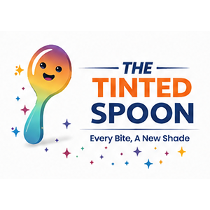 Rainbow spoon character with "The Tinted Spoon" logo and tagline