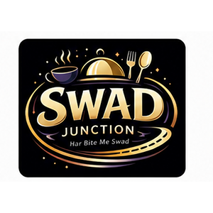 Swad Junction logo with steaming cup, cloche, cutlery, and road graphic