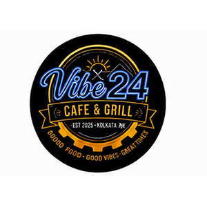 Vibe 24 Cafe & Grill logo with sun, cutlery, and tagline