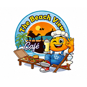 Smiling chef emoji with food and drink at beach cafe