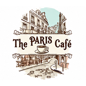 Parisian street scene with cafe tables, Eiffel Tower, and "The Paris Cafe" text