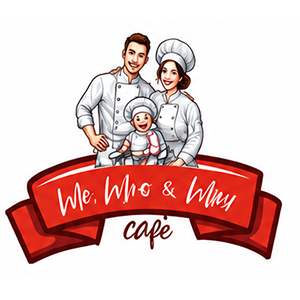 Family of chefs with "Me, Who & Mmy cafe" logo