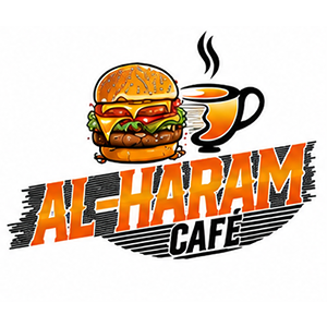 Zorko logo with burger and coffee cup, Al-Haram Cafe text