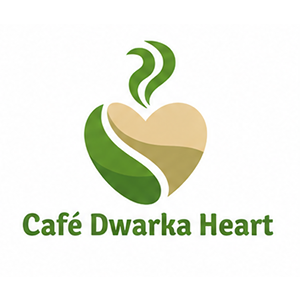 Heart-shaped coffee bean logo with steam and text "Café Dwarka Heart