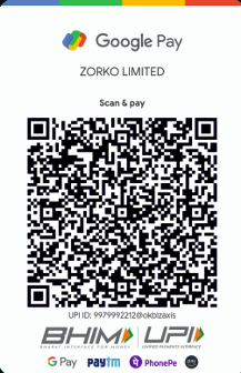 ZORKO Google Pay QR code for payment with UPI ID and logos
