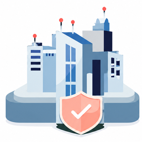 Modern buildings with a shield and checkmark symbol