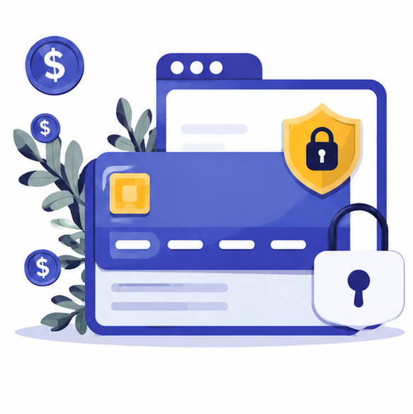 Secure payment with credit card, shield, and padlock icons