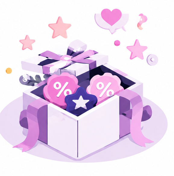 Open gift box with discount tags and stars, pink heart bubble