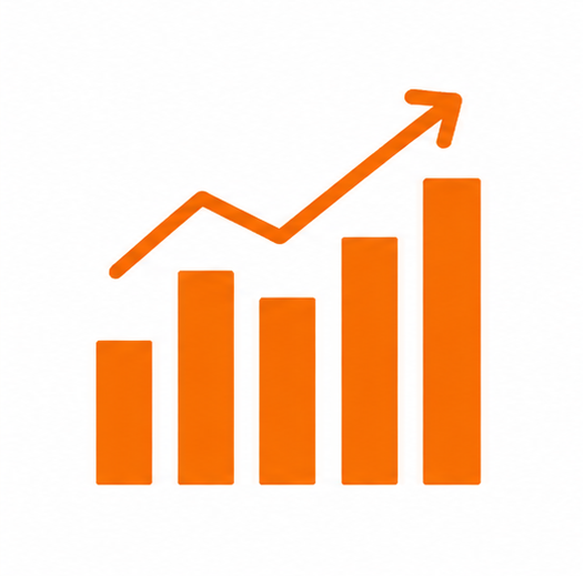 Orange bar chart with an upward trending line graph
