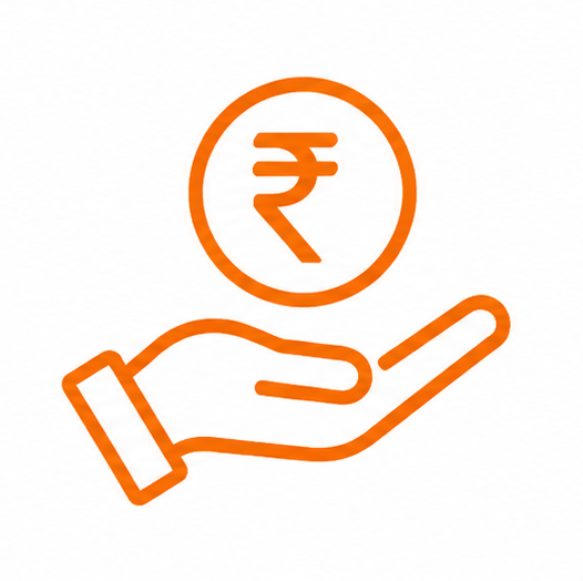 Orange hand holding a coin with Indian Rupee symbol
