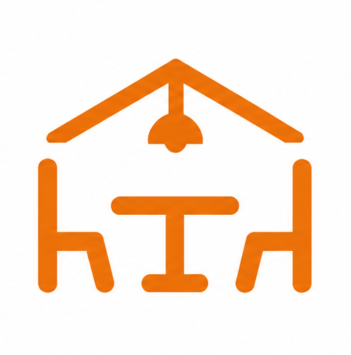 Orange icon of a dining table with two chairs under a lamp