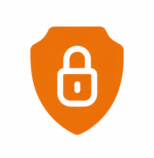 Orange shield with white padlock icon representing security